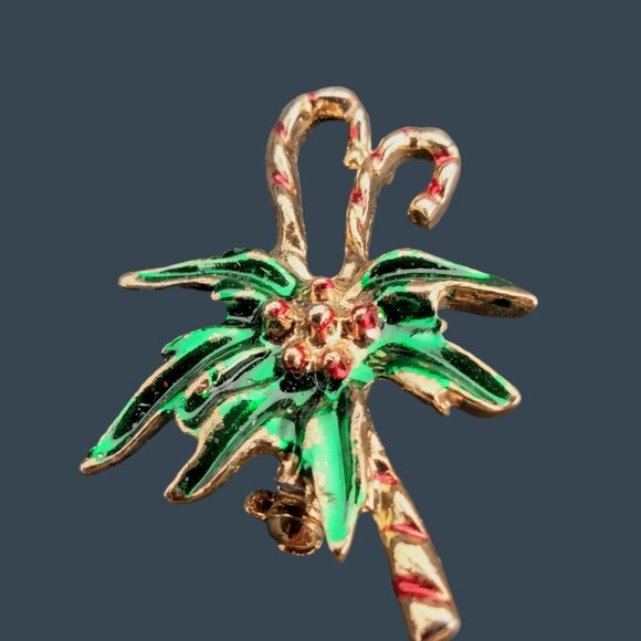 Christmas Candy Cane Pin Brooch Holly Berry Vintage Holiday Jewelry Gold Enamel - Picture 3 of 5